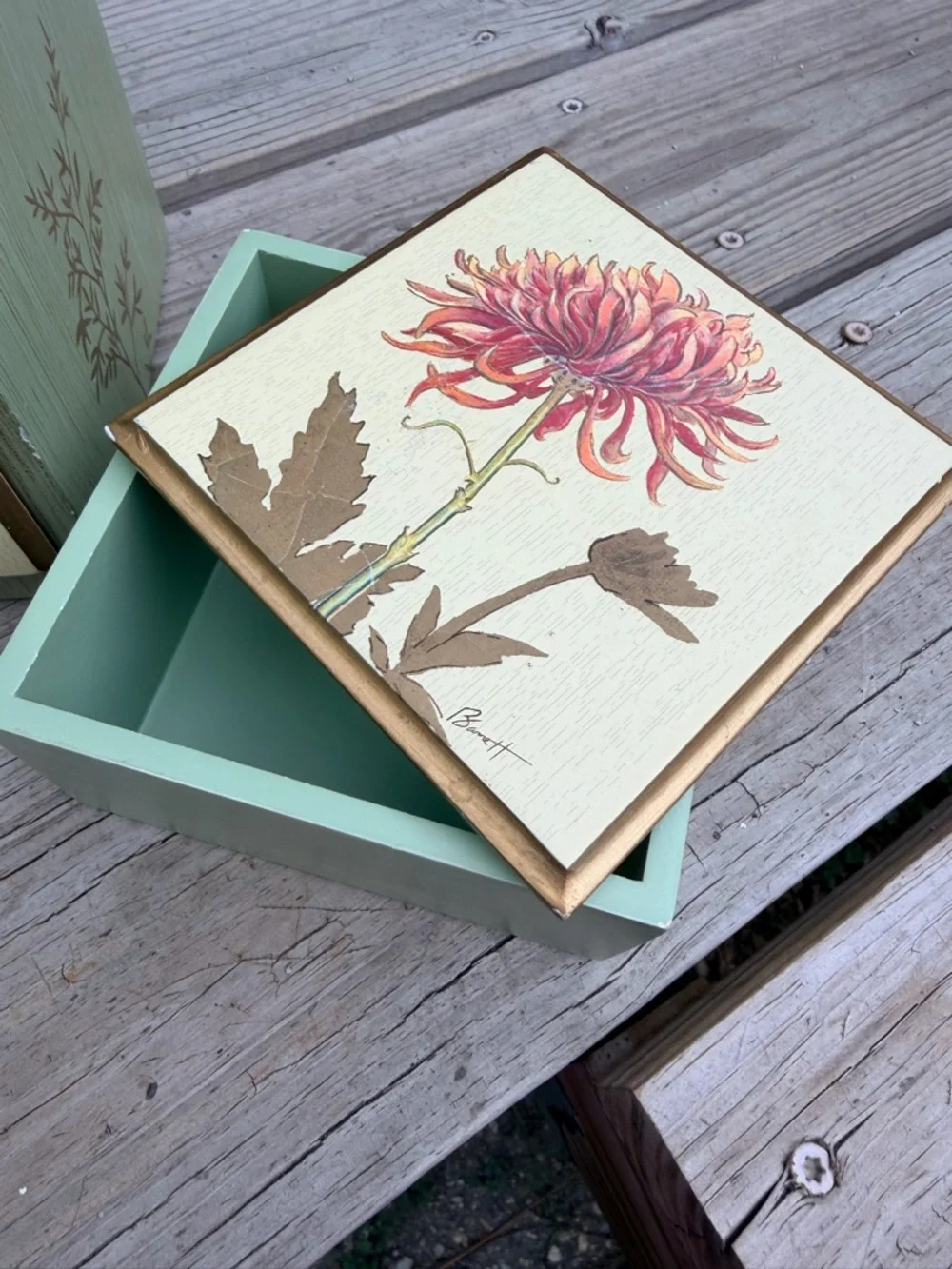 Signed Hand Painted Floral Tissue Box‎ Cover & Trinket Box Set Sage Green Gold